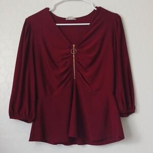Ember Womans Maroon Long Sleeve Blouse With Ruching And Gold Zipper Size Small